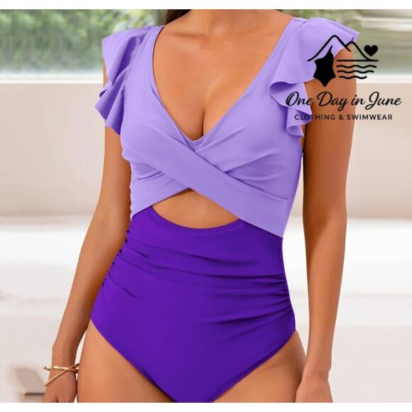 B2Prity Plus Size Cut Out Ruffle Shoulder One Piece Swimsuit Size 2XL - Picture 1 of 7